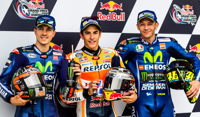 The top 3, left to right: Viñales, Márquez and Rossi